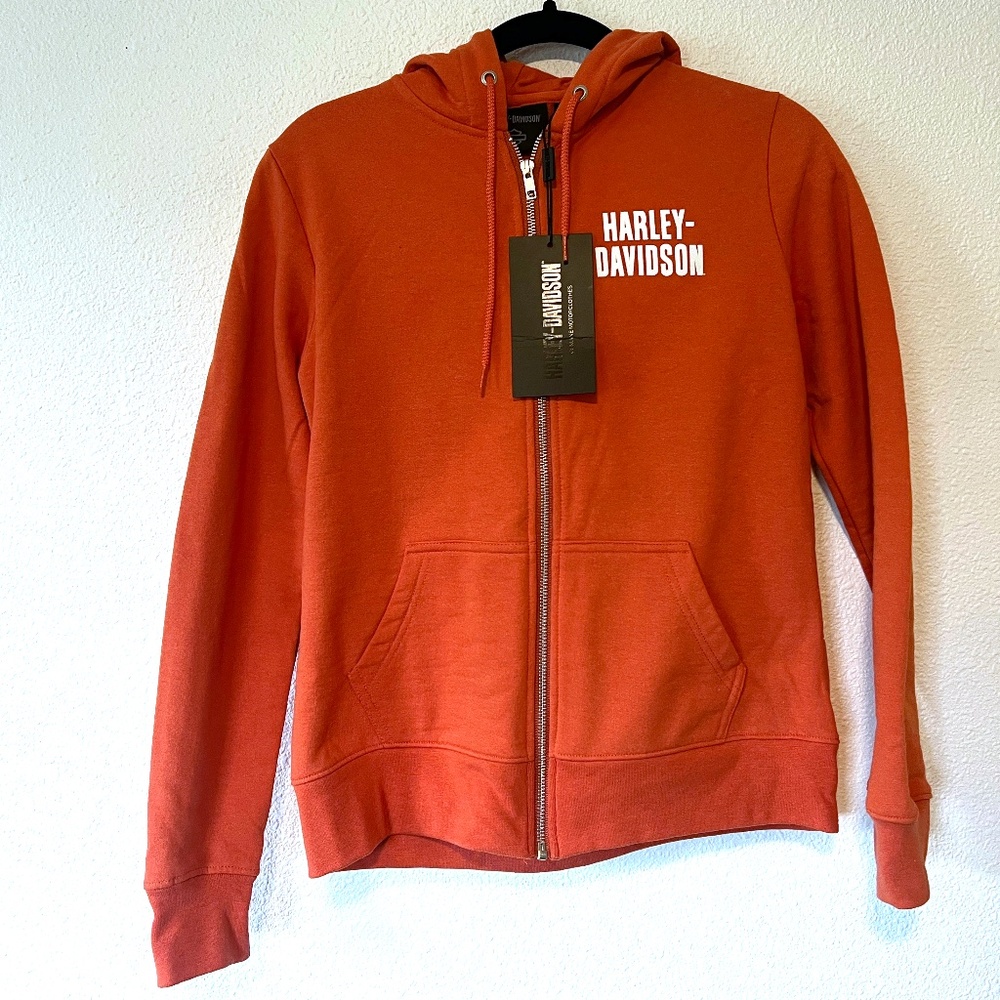 Harley Davidson Women's Special Bar and Shield Zip Front Hoodie - Vintage Orange